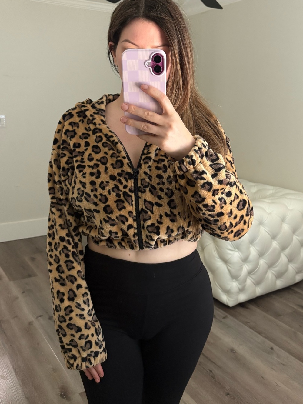 Leopard Print Fleece Zip Cropped Jacket - Tan & Black